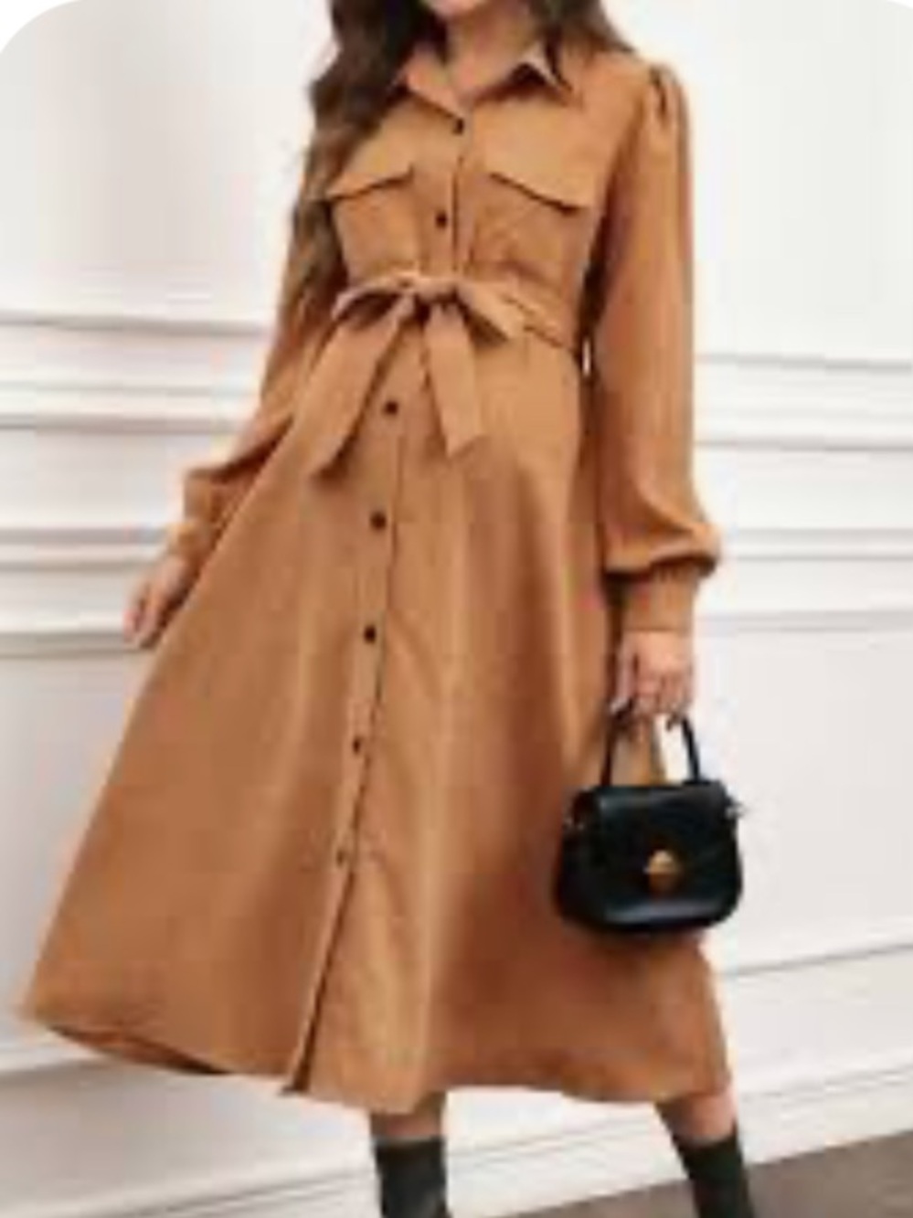 Women's Button-Front Midi Shirt Dress with Tie Waist - Camel